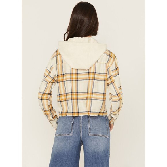 Cleo + Wolf Women’s Cropped Flannel Hooded Shacket Plaid Jacket Size Small - Picture 2 of 6
